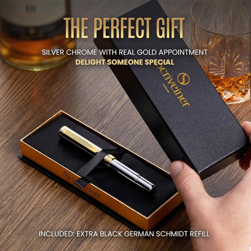 Scriveiner Luxury EDC Fountain Pen (Medium), Stunning Silver Chrome Luxury Pen, Real Gold Plating, Schmidt German Nib, Converter, Writing Gift Set for Men & Women, Nice Fancy Office Designer Pen - Image 3
